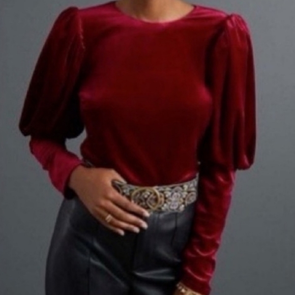 Anthropologie Sunday In Brooklyn Puff Sleeve Velvet Blouse SzXS - Picture 1 of 7